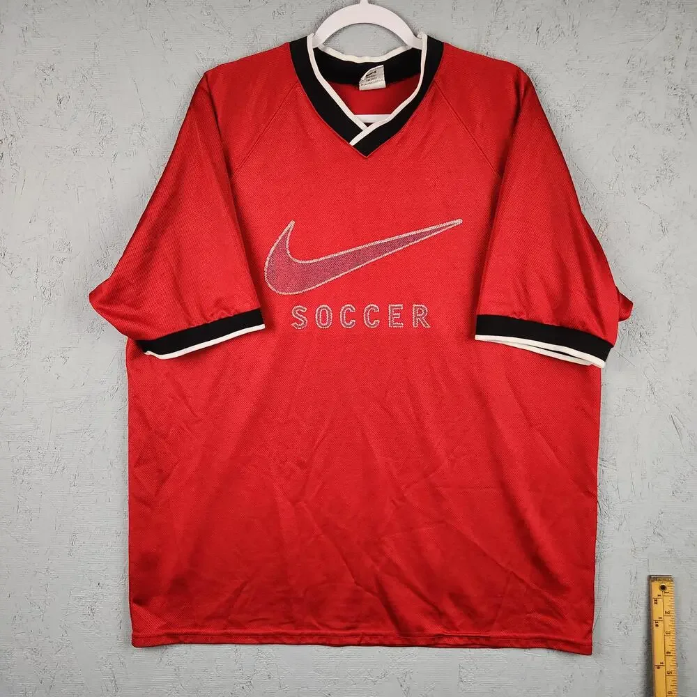 Vintage Nike Shirt Mens XL Soccer Graphic Made In USA 90s Swoosh Jersey Ringer